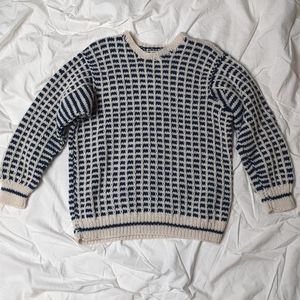 Hand knit cream and navy patterned sweater
